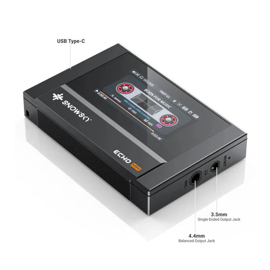 Reproductor de audio digital FiiO SNOWSKY Echo Mini en negro con salida balanceada 4.4mm, compatible con audio de alta resolución.