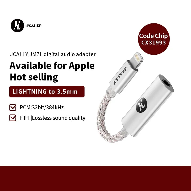 Conversor DAC portátil JCALLY JM7L Lightning a 3.5 mm para mejorar audio en dispositivos móviles.