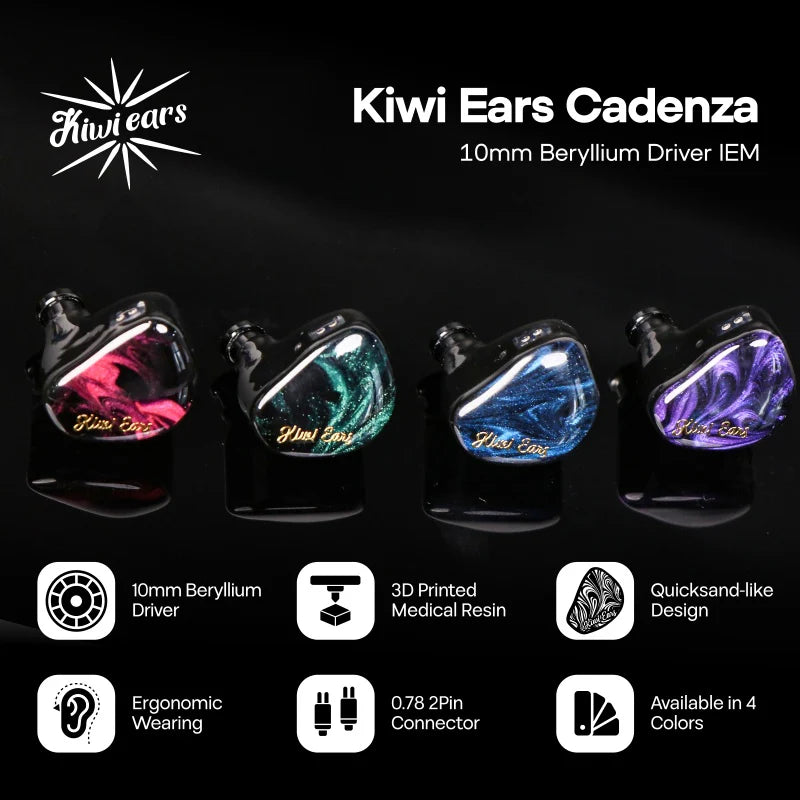 Auriculares in-ear Kiwi Ears Cadenza con driver dinámico de 10mm de berilio, diseño compacto y elegante para audio de alta calidad.