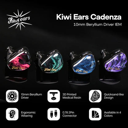 Auriculares in-ear Kiwi Ears Cadenza con driver dinámico de 10mm de berilio, diseño compacto y elegante para audio de alta calidad.