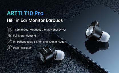 Auriculares IEM ARTTI T10 Pro con controlador planar de 14.2 mm y conectores intercambiables, en color negro.