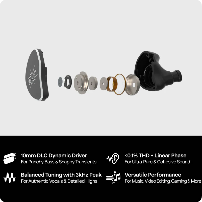 Auriculares IEM KIWI EARS Belle con driver dinámico de 10 mm y diafragma DLC, en color negro con cables.