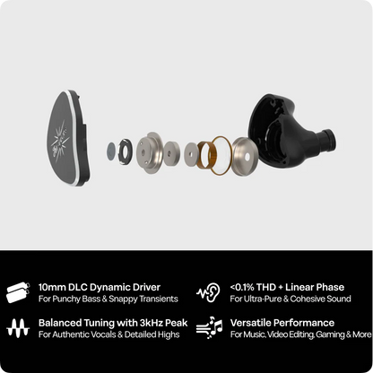 Auriculares IEM KIWI EARS Belle con driver dinámico de 10 mm y diafragma DLC, en color negro con cables.