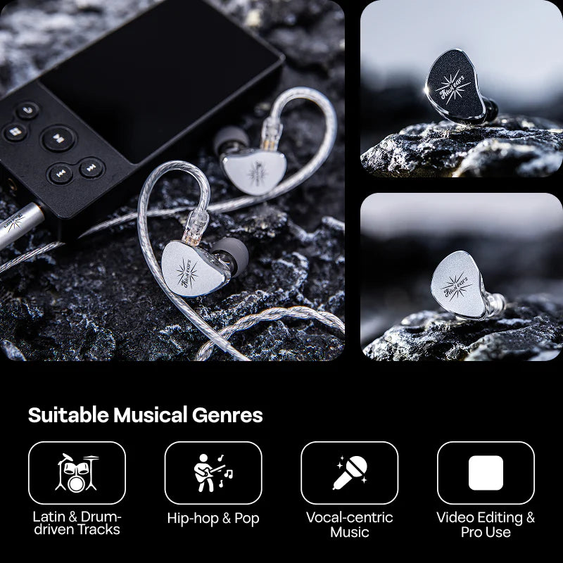 Auriculares IEM Kiwi Ears Belle con driver dinámico de 10 mm y diafragma DLC, diseño en oreja para alta fidelidad de sonido.