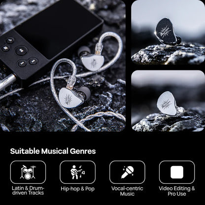 Auriculares IEM Kiwi Ears Belle con driver dinámico de 10 mm y diafragma DLC, diseño en oreja para alta fidelidad de sonido.
