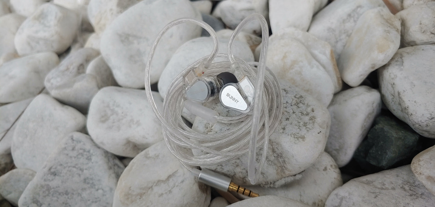 Audífonos IEM TANCHJIM Bunny con doble driver, micrófono y perfiles gaming, en color negro y detalles en rojo.