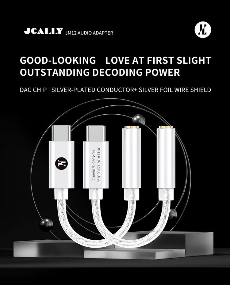 Adaptador de audio digital JCALLY JM12 Tipo-C a 3.5 mm con chip DAC, soporta 32-bit/384 kHz y DSD128.
