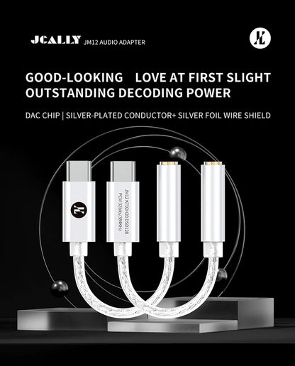 Adaptador de audio digital JCALLY JM12 Tipo-C a 3.5 mm con chip DAC, soporta 32-bit/384 kHz y DSD128.
