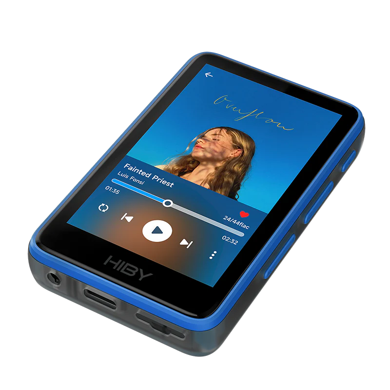 Reproductor de audio digital HiBy R1 Hi-Fi portátil con pantalla y controles, diseño compacto y elegante para audio de alta fidelidad