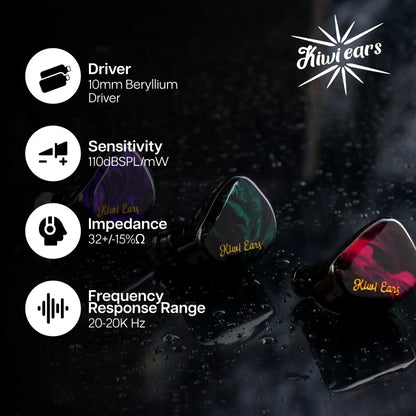 Auriculares IEM Kiwi Ears Cadenza con driver dinámico de 10 mm de berilio, en color negro con diseño elegante.
