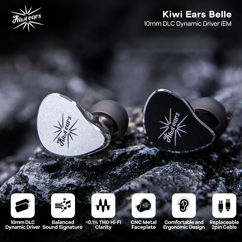 Auriculares IEM Kiwi Ears Belle con driver dinámico de 10 mm y diafragma DLC, en color negro y diseño en uso.