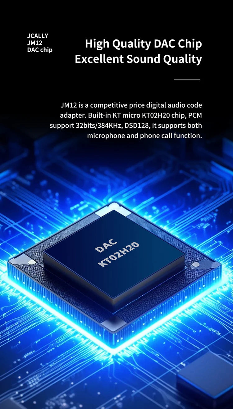 Adaptador de audio digital JCALLY JM12 Tipo-C a 3.5 mm con chip DAC, soporta hasta 32-bit/384 kHz y DSD128 en una imagen.