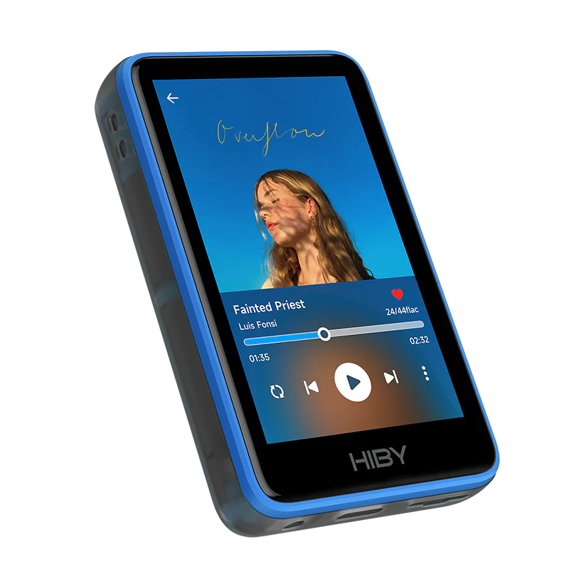 Reproductor de audio digital HiBy R1 Hi-Fi portátil con pantalla y botones, reproduciendo música en un diseño compacto y moderno.