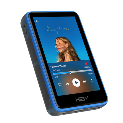 Reproductor de audio digital HiBy R1 Hi-Fi portátil con pantalla y botones, reproduciendo música en un diseño compacto y moderno.