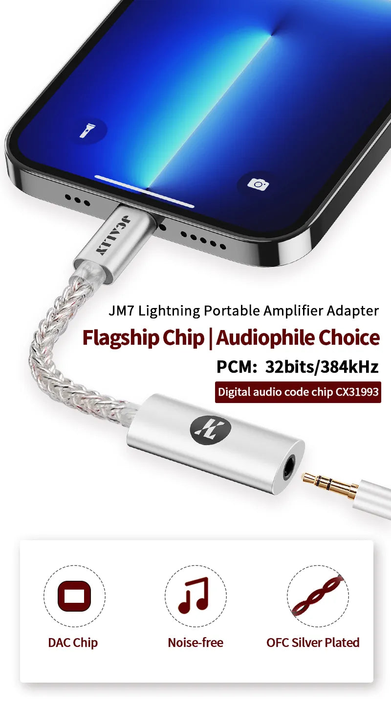 Convertidor DAC/AMP portátil JCALLY JM7L de Lightning a 3.5 mm para audio digital a analógico, compacto y fácil de usar.