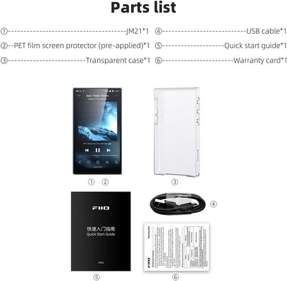 Reproductor de audio digital FIIO JM21 Hi-Res con Android 13 y Snapdragon 680, pantalla y controles en el dispositivo.