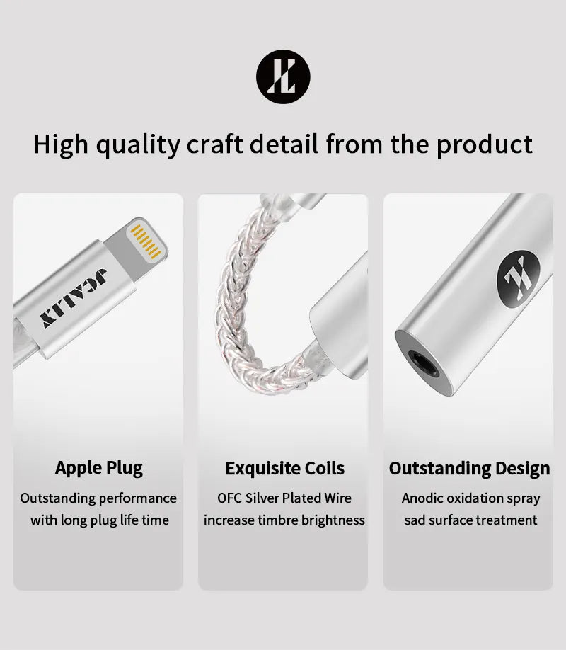 Convertidor digital a analógico JCALLY JM7L DAC/AMP portátil Lightning a 3.5 mm, compacto y fácil de usar para audio de alta calidad.