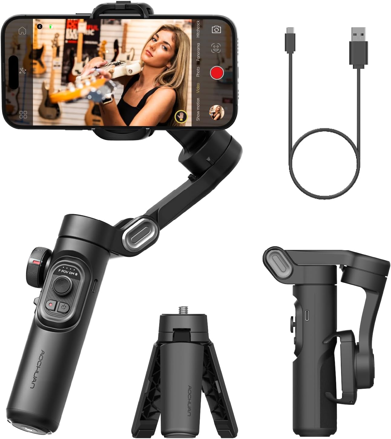 Estabilizador de mano AOCHUAN SmartXE para smartphone con seguimiento facial IA, compatible con iPhone y Android, ideal para vlogs.