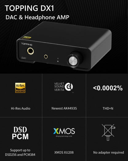 Convertidor DAC y amplificador TOPPING DX1 con salidas de 6,35 mm y 3,5 mm, chip AK4493S, compatible con DSD256 y PCM 384 kHz.