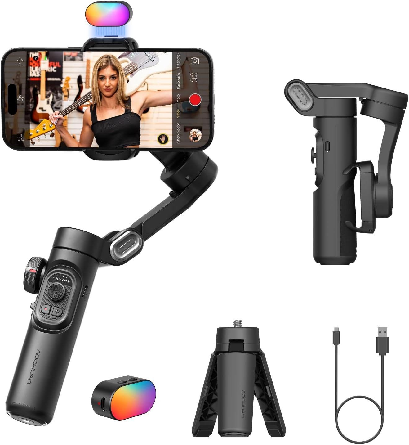 Estabilizador de mano AOCHUAN SmartXE de 3 ejes para smartphone, seguimiento facial con IA, compatible con iPhone y Android.