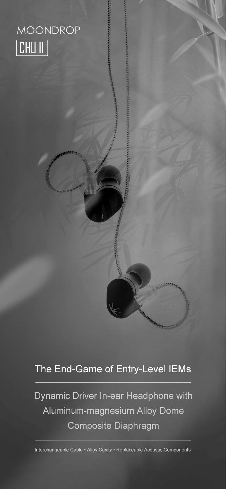 Auriculares IEM MOONDROP CHU II con driver dinámico de 10mm en aluminio-magnesio, en color negro y con cable incluido.