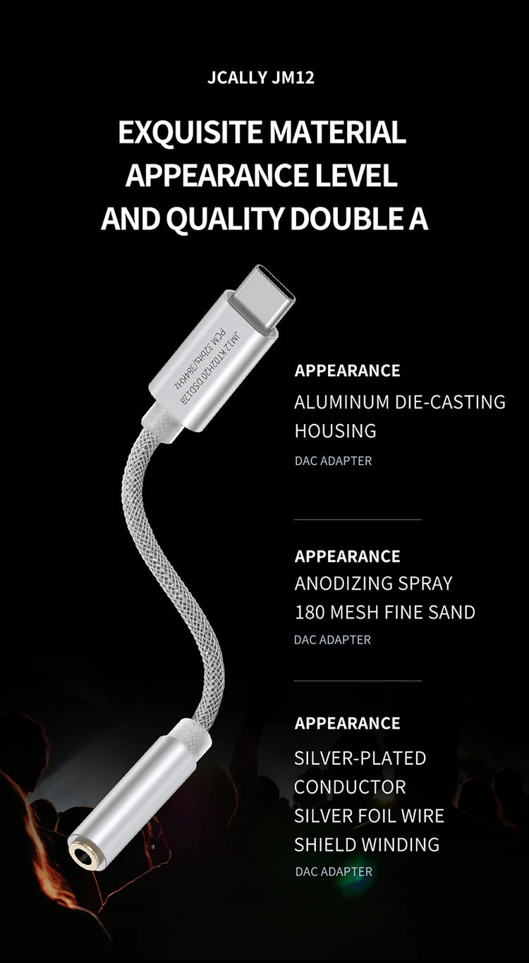 Adaptador de audio digital JCALLY JM12 Tipo-C a 3.5 mm con chip DAC, soporte hasta 32-bit/384 kHz y DSD128, para mejorar sonido.