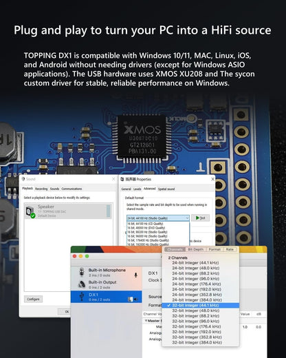 Convertidor digital a analógico TOPPING DX1 con salidas de auriculares, chip AK4493S y compatibilidad con DSD256 y PCM 384 kHz.