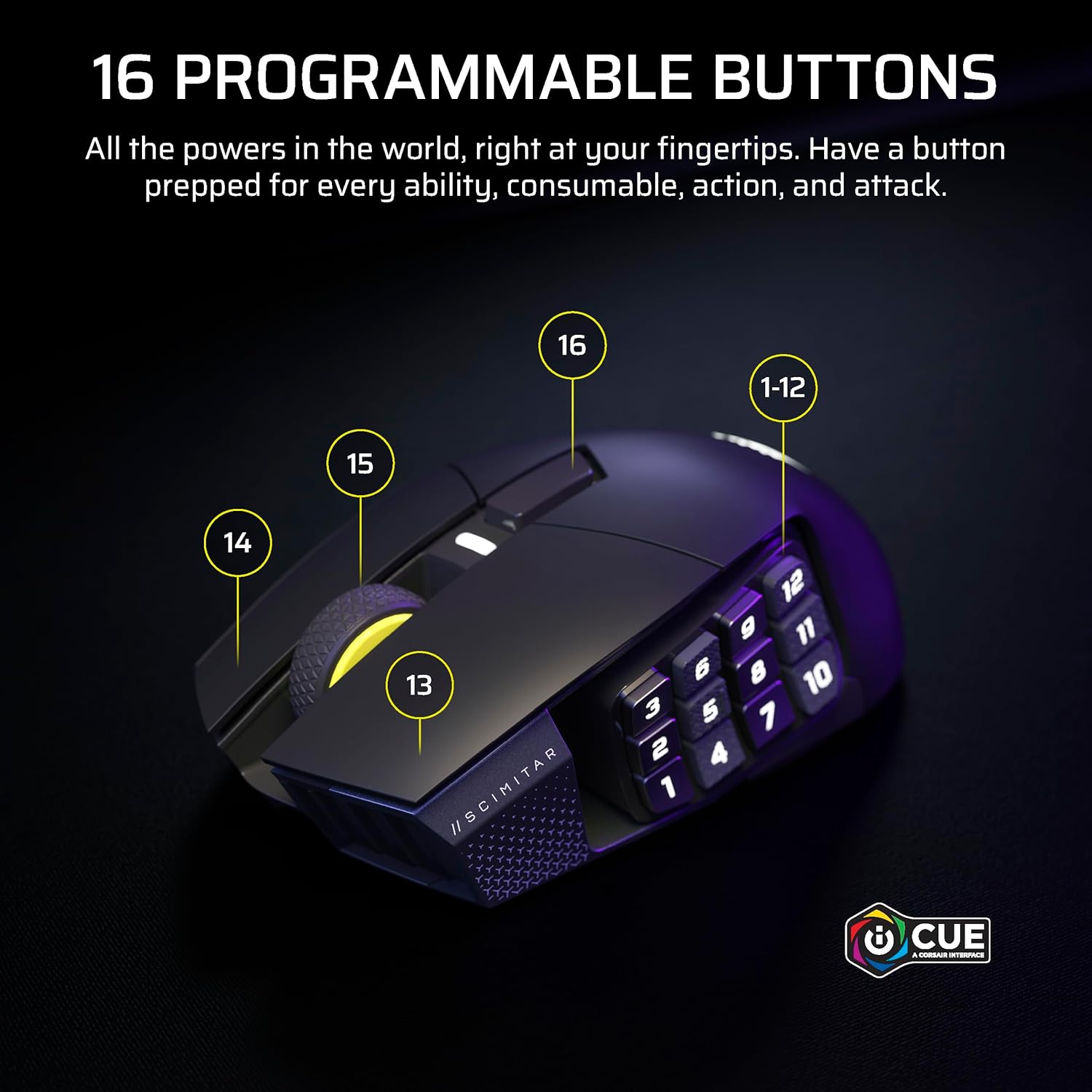 Ratón inalámbrico Corsair Scimitar Elite Wireless SE MMO con 16 botones programables, DPI 33,000 y batería de 150 horas.