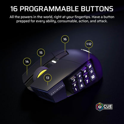 Ratón inalámbrico Corsair Scimitar Elite Wireless SE MMO con 16 botones programables, DPI 33,000 y batería de 150 horas.