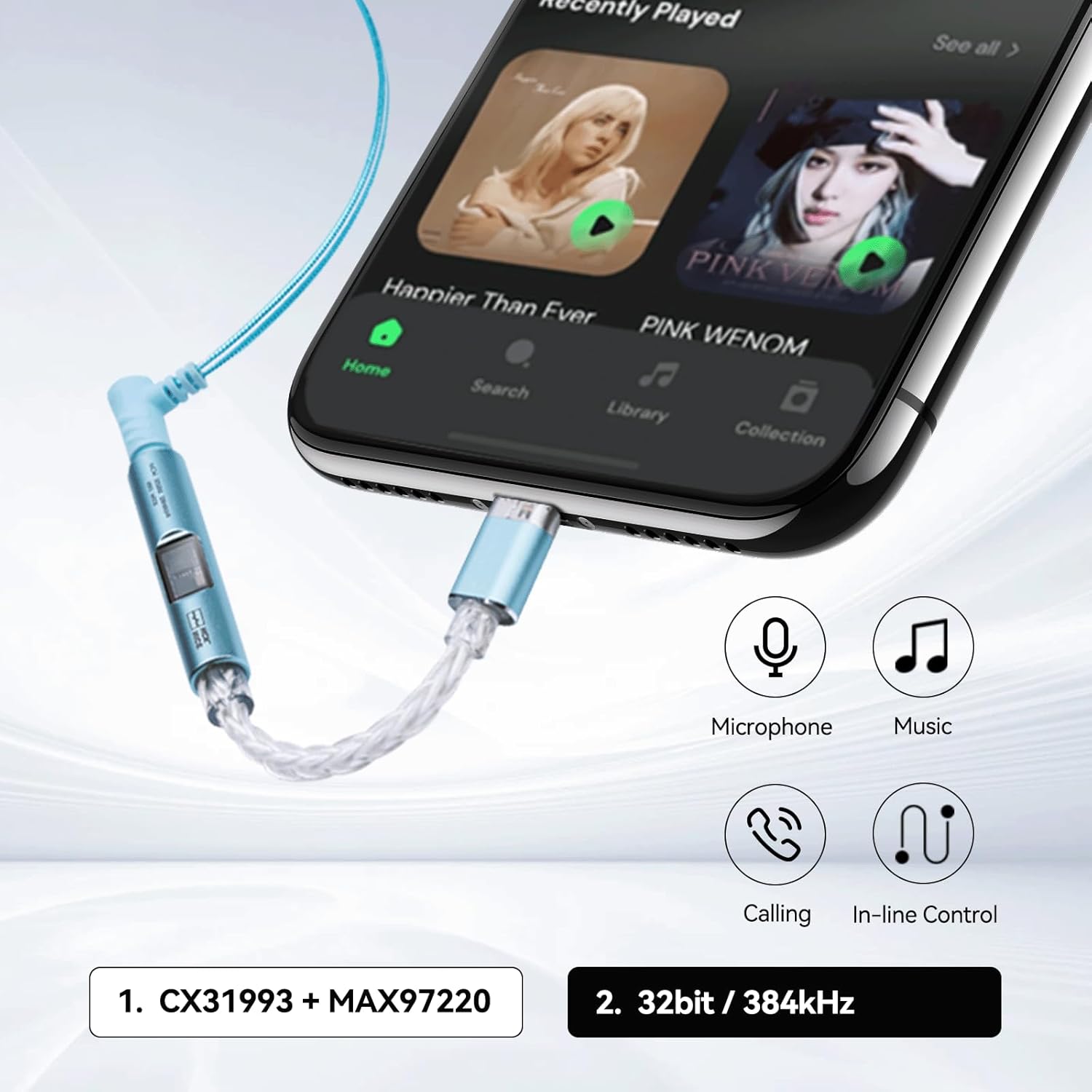 Cable adaptador DAC/AMP NICEHCK NK1 MAX USB-C a 3.5 mm con chip CX31993 y op-amp MAX97220 para audio Hi-Fi 32-bit/384 kHz.
