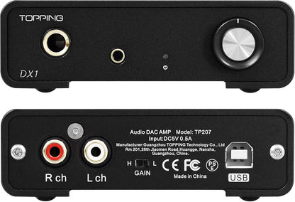 Convertidor DAC y amplificador de auriculares TOPPING DX1 con chip AK4493S, salidas de 6,35 mm y 3,5 mm, compatible con DSD256 y PCM 384 kHz.