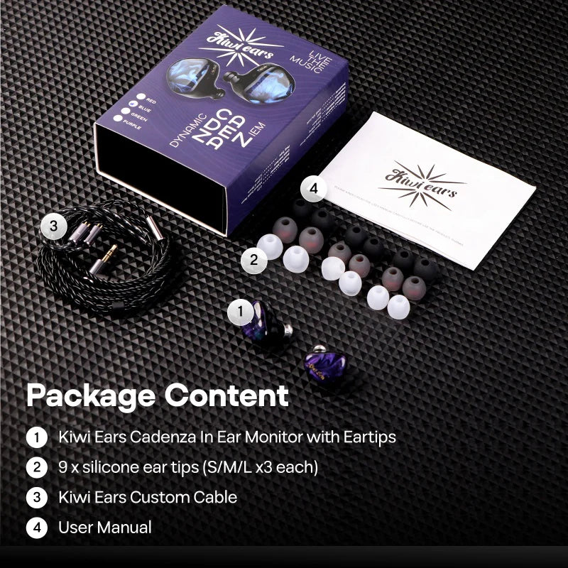 Auriculares IEM Kiwi Ears Cadenza con conductor dinámico de 10mm de berilio, en color negro con diseño compacto y elegante.