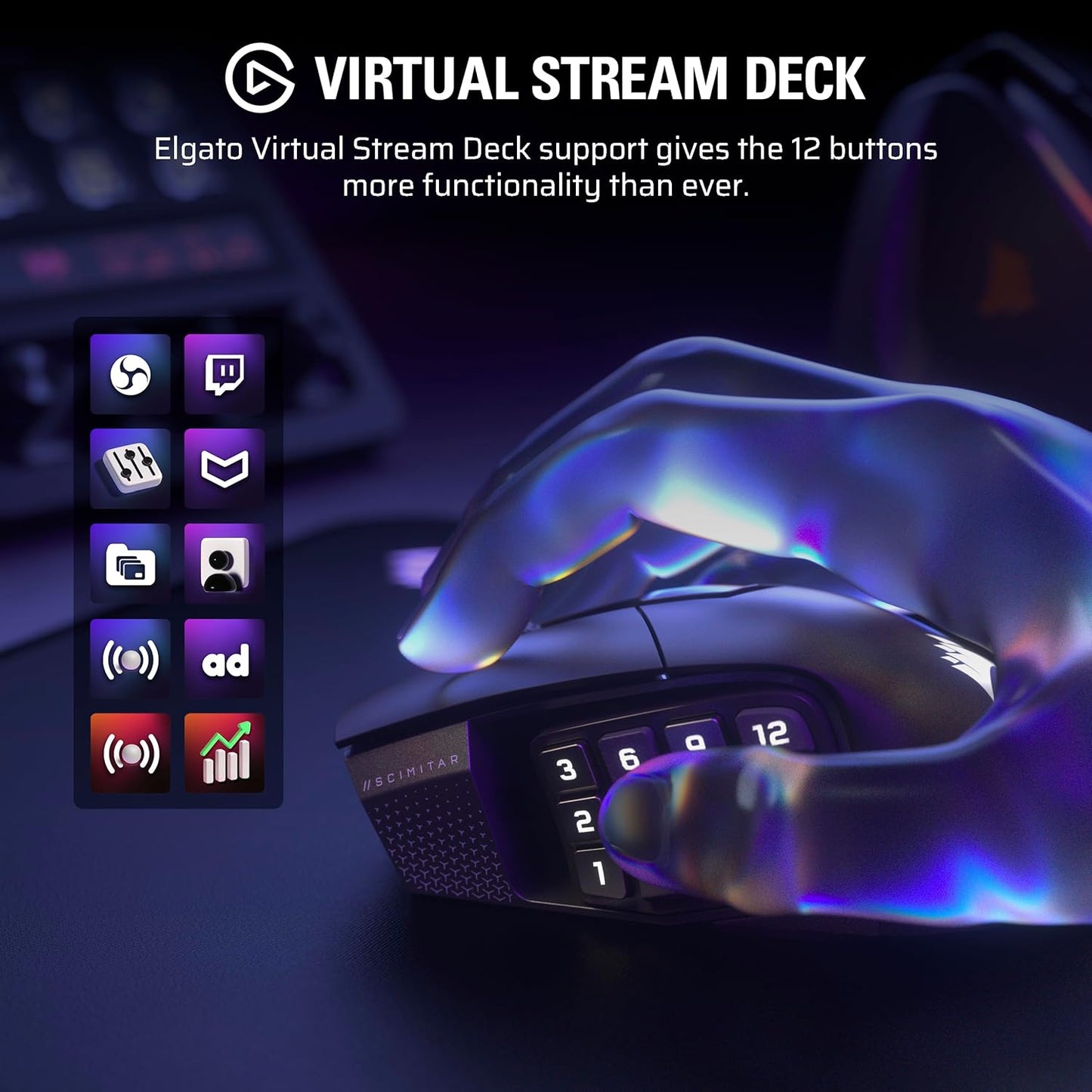 Ratón inalámbrico Corsair Scimitar Elite Wireless SE para MMO con 16 botones programables y sensibilidad de 33,000 DPI.