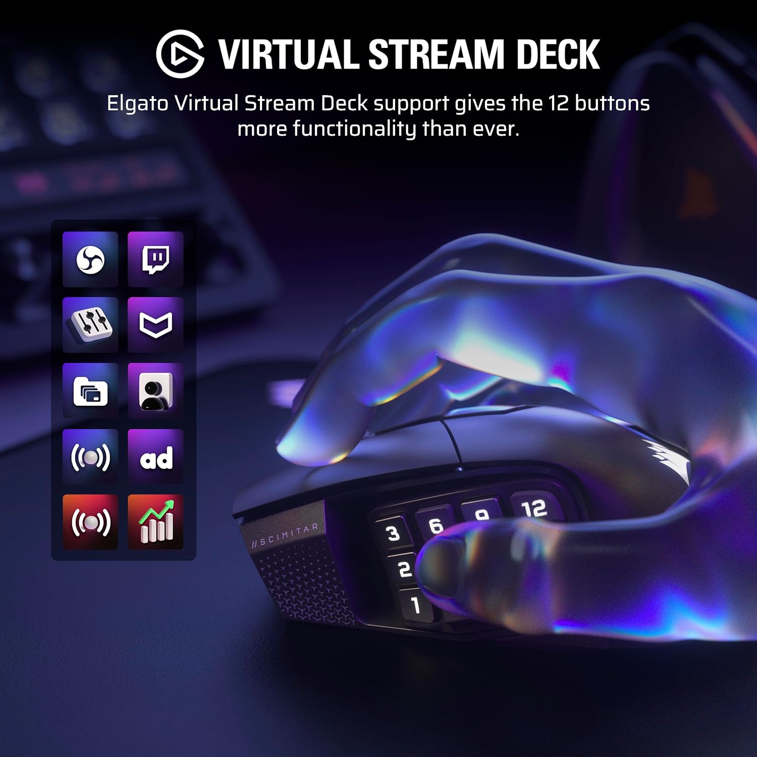 Ratón inalámbrico Corsair Scimitar Elite Wireless SE para MMO con 16 botones programables y sensibilidad de 33,000 DPI.