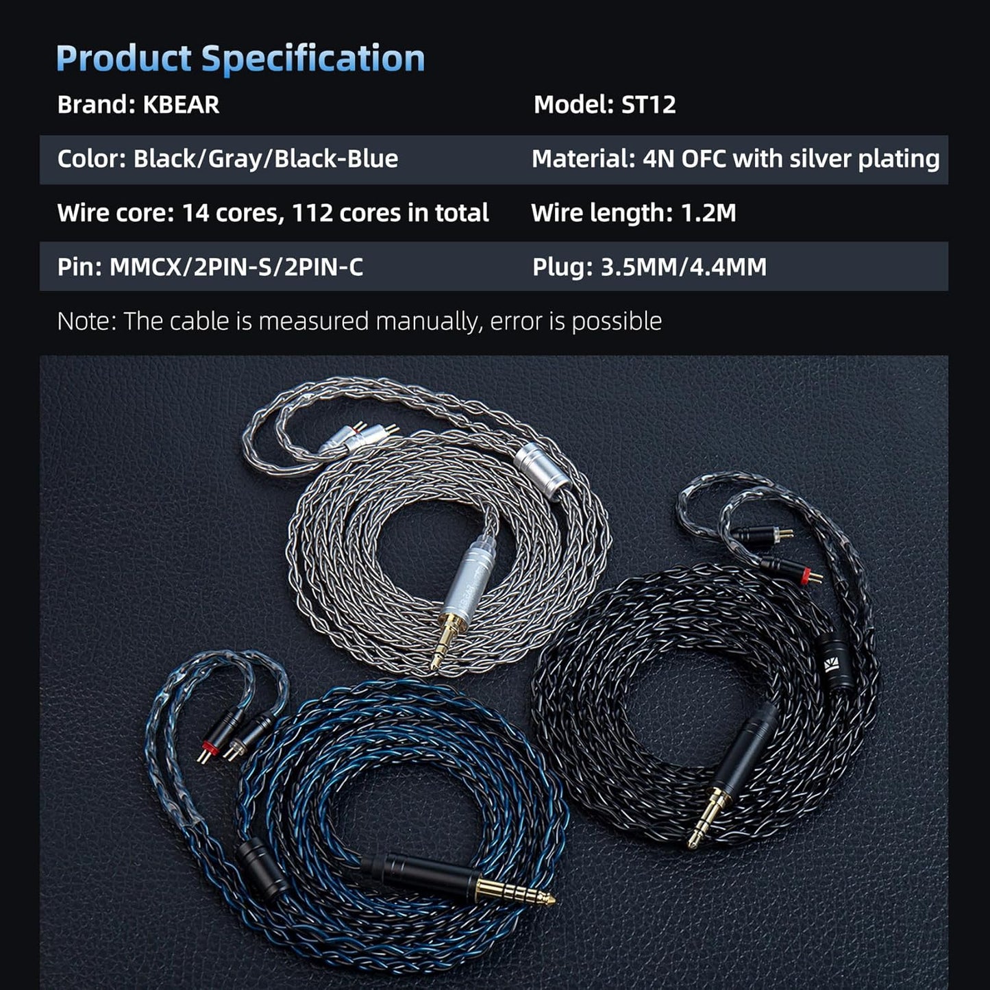 KBEAR ST12 Cable para Audífonos IEM 2-Pin - Disponible en 3.5 mm y 4.4 mm