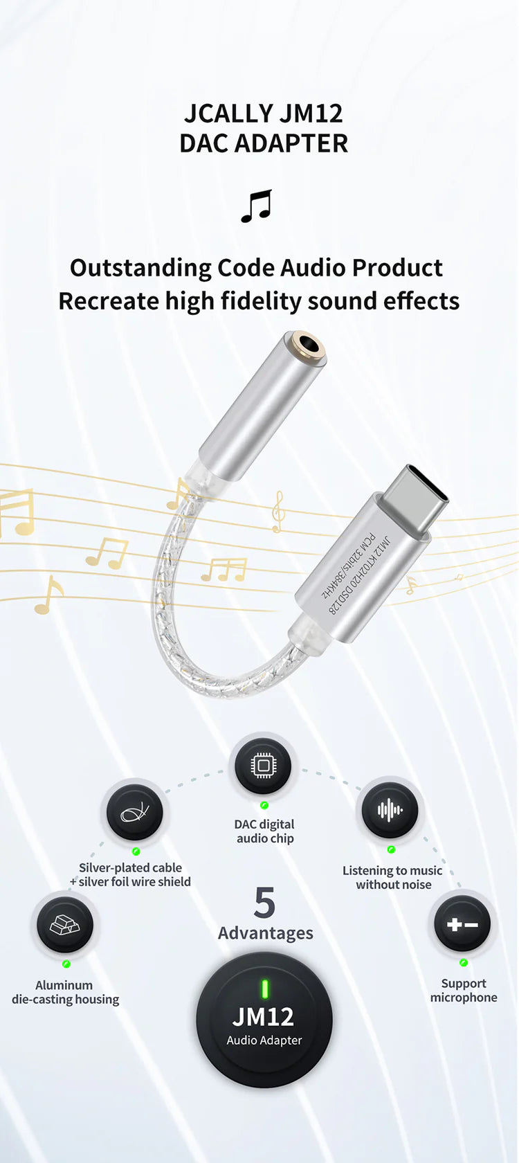 Adaptador de audio digital JCALLY JM12 Tipo-C a 3.5 mm con chip DAC, soporte 32-bit/384 kHz y DSD128, para conexión de auriculares.