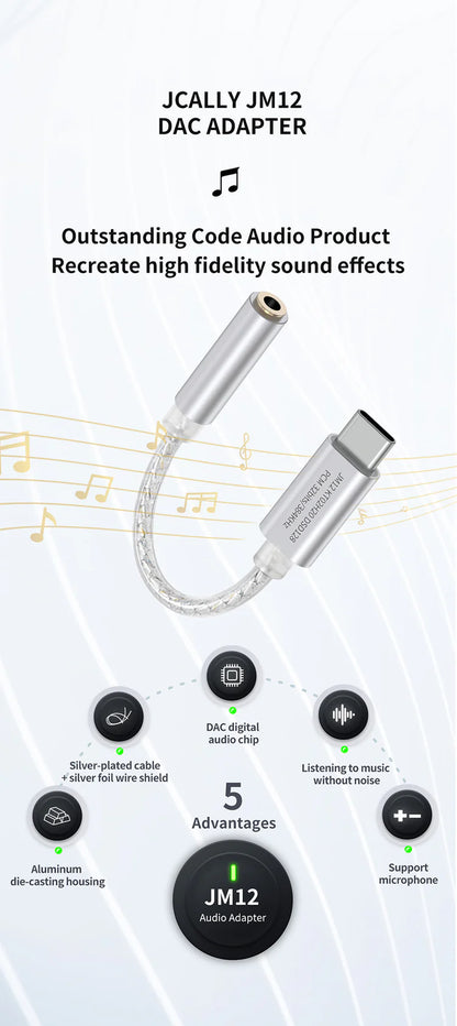 Adaptador de audio digital JCALLY JM12 Tipo-C a 3.5 mm con chip DAC, soporte 32-bit/384 kHz y DSD128, para conexión de auriculares.