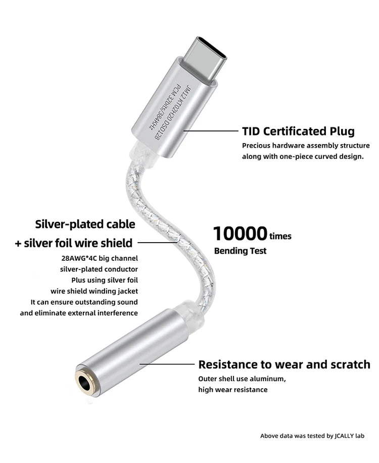 Adaptador de audio digital JCALLY JM12 con conector Tipo-C a 3.5 mm, chip DAC de alta calidad y soporte hasta 32 bits/384 kHz