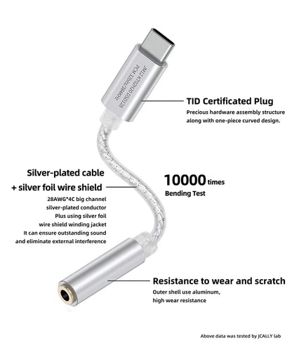 Adaptador de audio digital JCALLY JM12 con conector Tipo-C a 3.5 mm, chip DAC de alta calidad y soporte hasta 32 bits/384 kHz