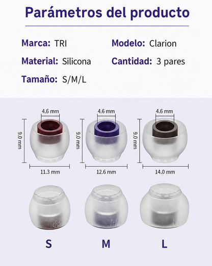 TRI Clarion Eartips para Audífonos IEM – Pack S M L de Silicona