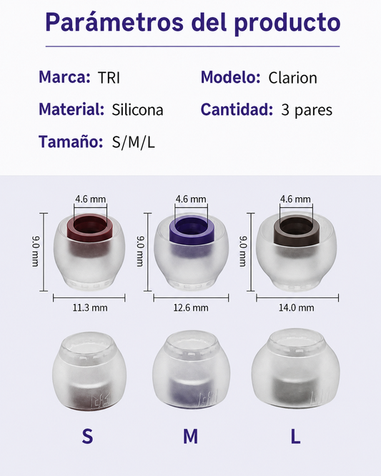TRI Clarion Eartips para Audífonos IEM – Pack S M L de Silicona
