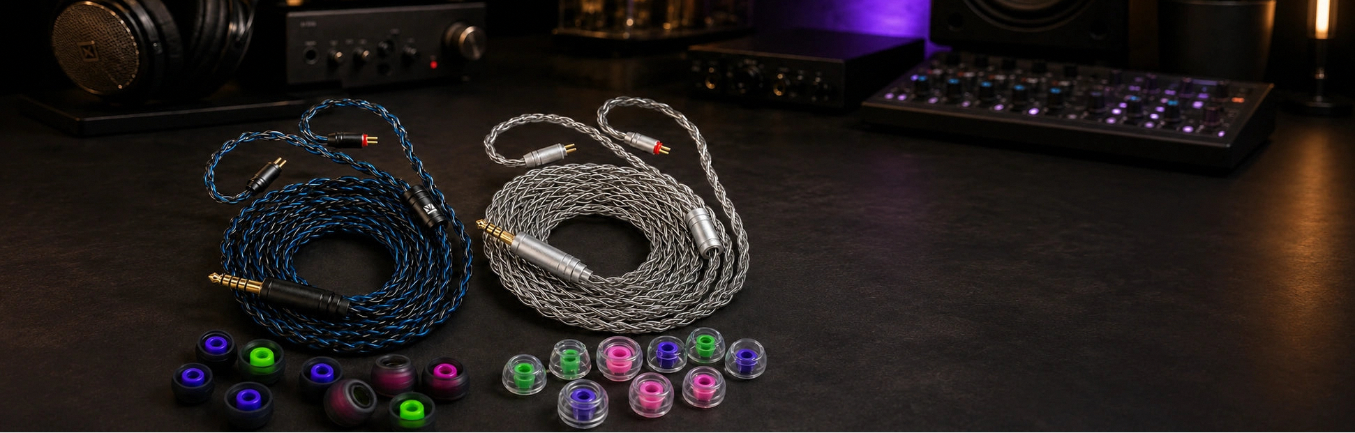 Two audio cables with connectors on a dark surface with audio equipment in the background