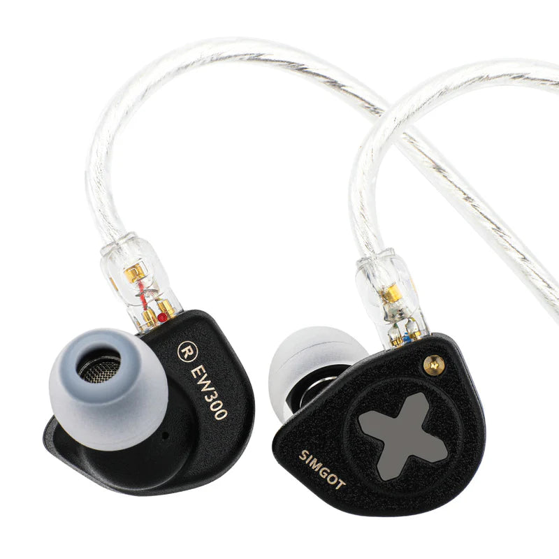 Auriculares IEM híbridos SIMGOT EW300 DSP con driver 1DD, 1 planar y 1 PZT, DAC integrado, en un diseño elegante.
