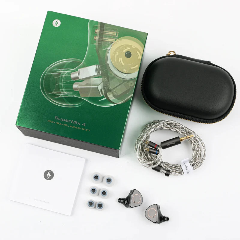 Auriculares in-ear SIMGOT SuperMix 4 con drivers quadbrid DD, BA, planar y PZT, mostrando el diseño de los monitores en-ear.