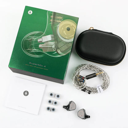 Auriculares in-ear SIMGOT SuperMix 4 con drivers quadbrid DD, BA, planar y PZT, mostrando el diseño de los monitores en-ear.