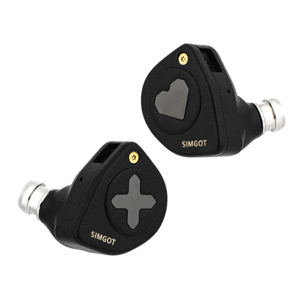 Audífonos IEM SIMGOT EW300 Edición HBB con drivers tribrid: dinámico, planar y PZT, en carcasa negra con cables.