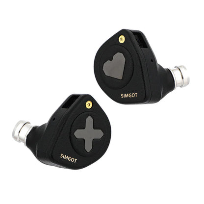 Audífonos IEM SIMGOT EW300 Edición HBB con drivers tribrid: dinámico, planar y PZT, en carcasa negra con cables.
