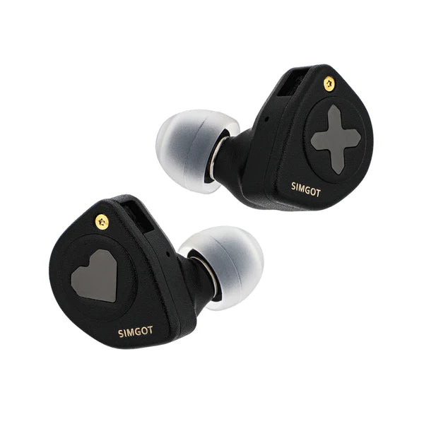Auriculares IEM SIMGOT EW300 Edición HBB con drivers tribrid: dinámico, planar y PZT, en color negro con diseño ergonómico.