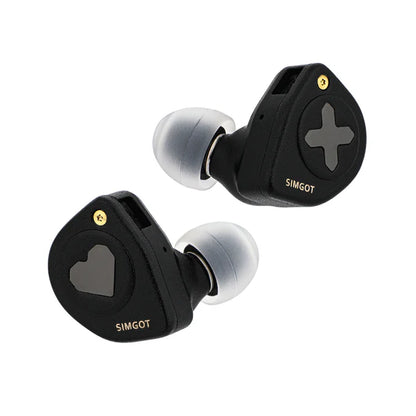 Auriculares IEM SIMGOT EW300 Edición HBB con drivers tribrid: dinámico, planar y PZT, en color negro con diseño ergonómico.