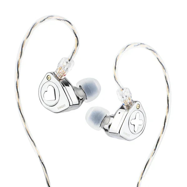 Auriculares in-ear SIMGOT EW300 con drivers tribrid: dinámico, planar y piezoeléctrico, en color negro con cables.